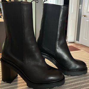 Brand New Genuine Leather Heeled Boots. Black. Size 8